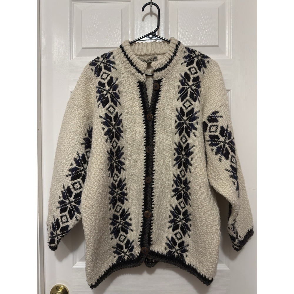 Ekeko Wool Cardigan Sweater Wool Knit Long Sleeve Fair Isle? Size L Cream